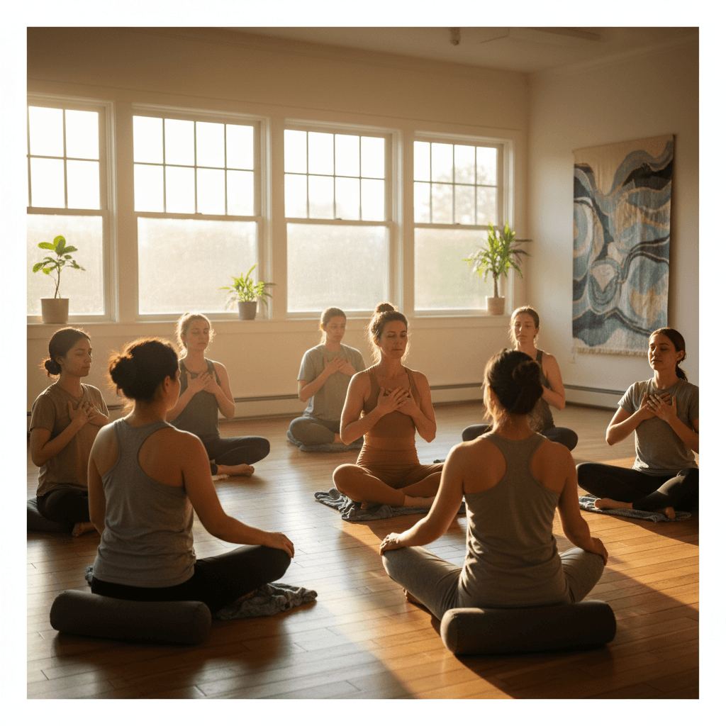Diverse group practicing yoga in a serene, sunlit studio