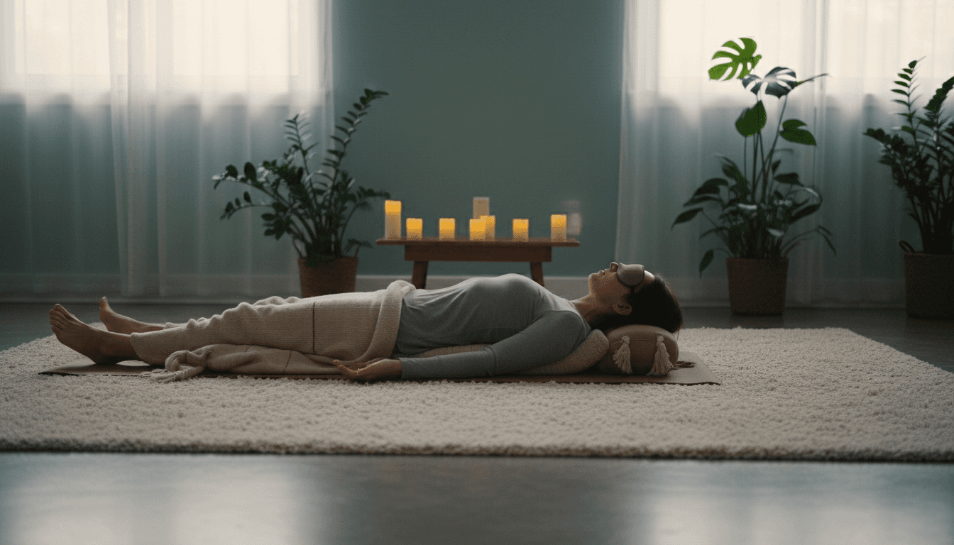 Woman resting in a supported yoga pose on a mat in a calm, dimly lit room