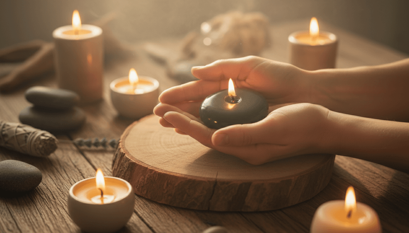 Hands holding a ritual stone in candlelit setting
