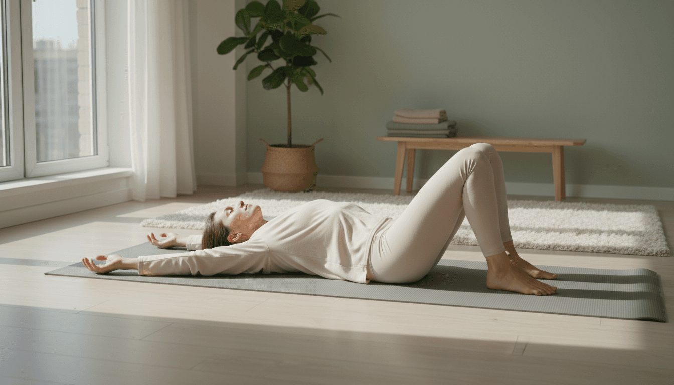 Woman resting in a supported yoga pose on a mat at home, soft natural light