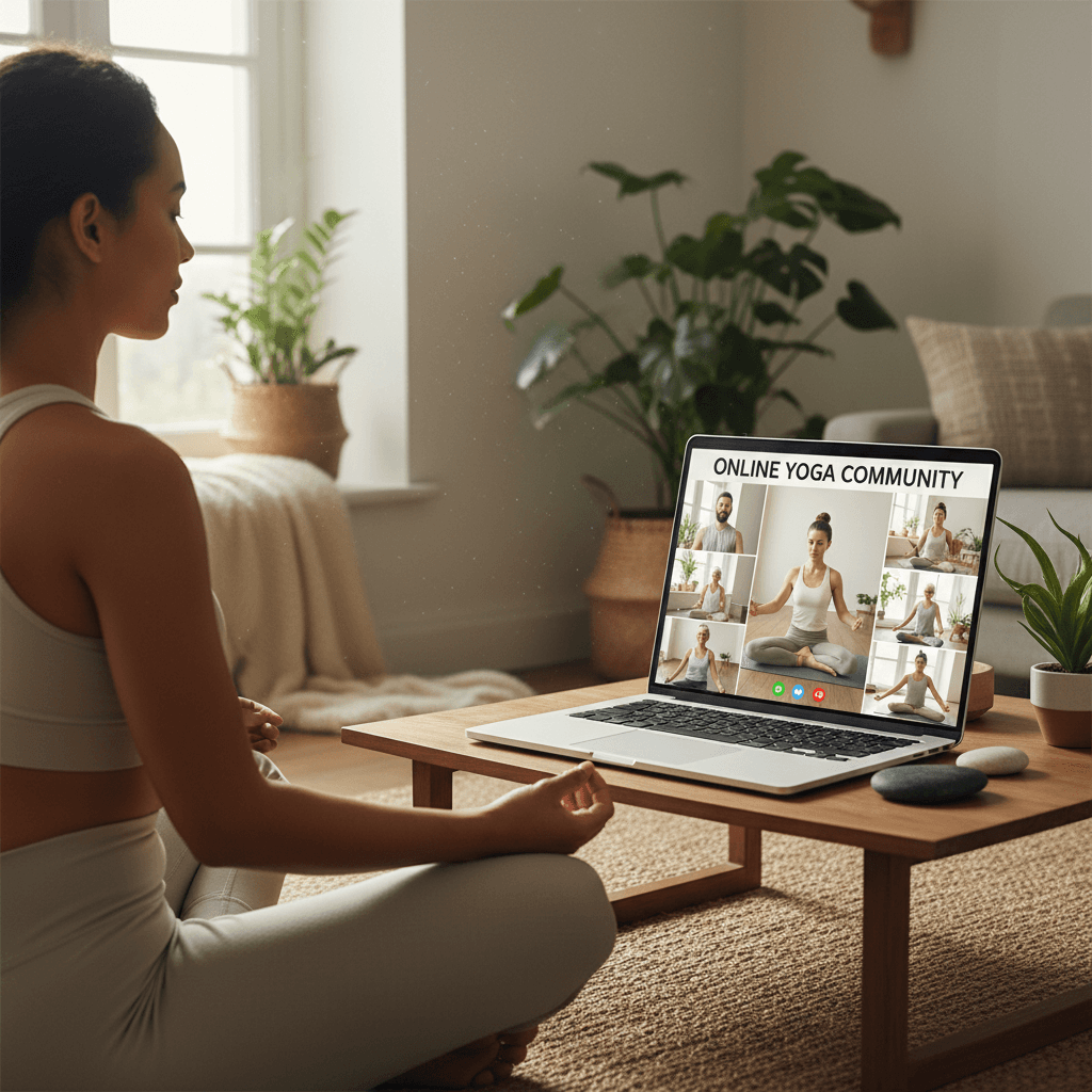Woman participating in online yoga class via laptop, visible with other remote participants in split-screen tiles