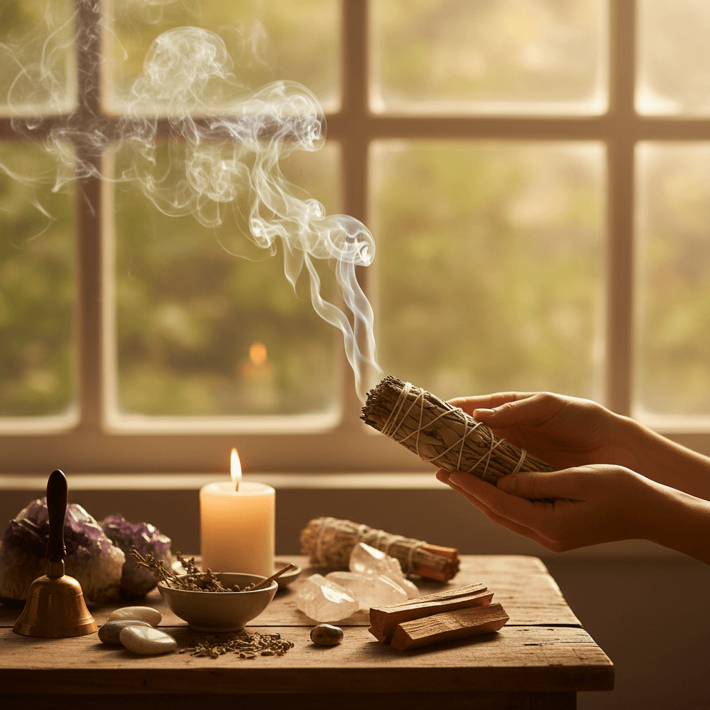 Hands holding sage with cleansing smoke rising