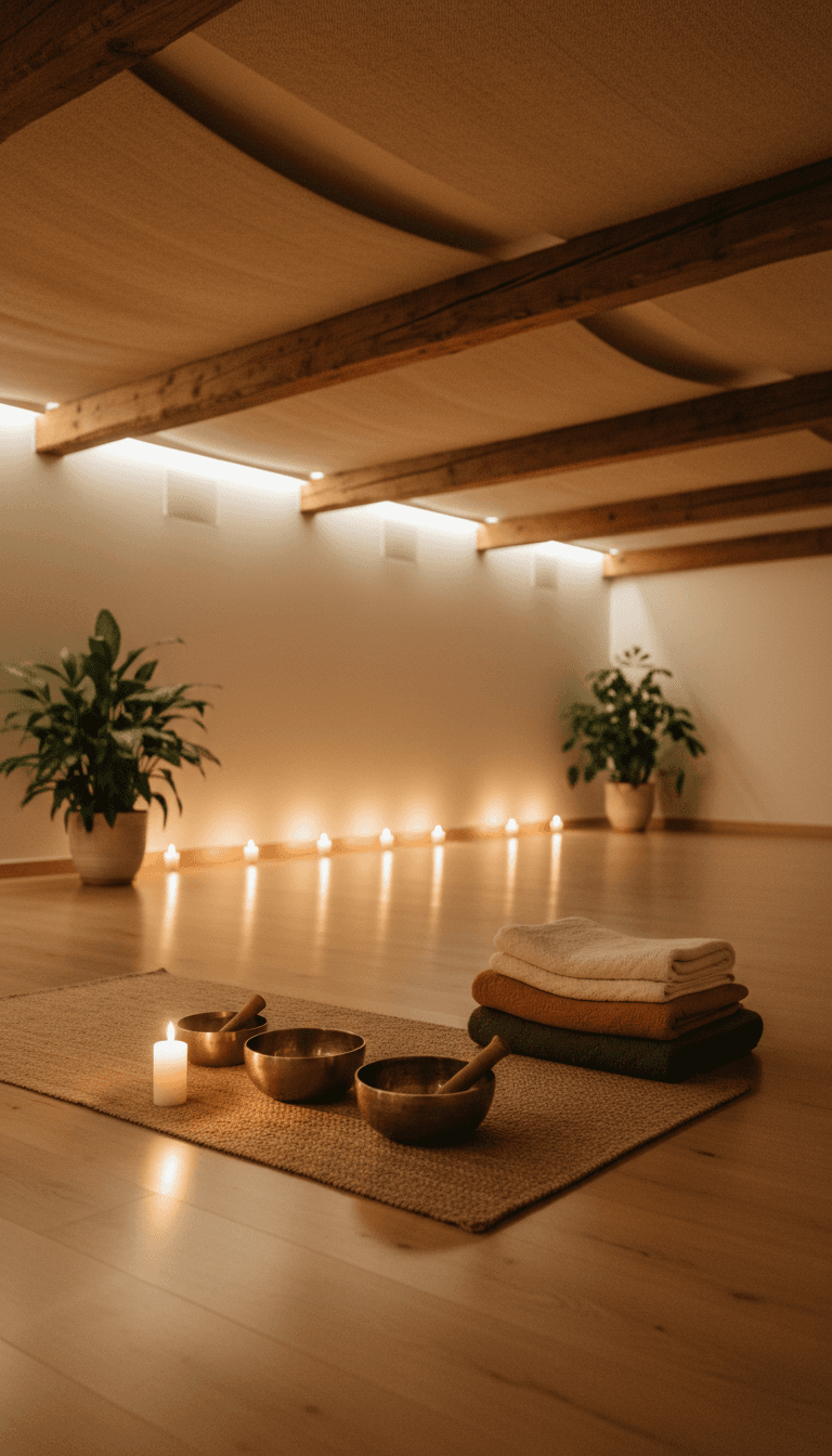 Calm yoga studio with candlelight, singing bowls on a mat, earth-toned blankets, wood beams