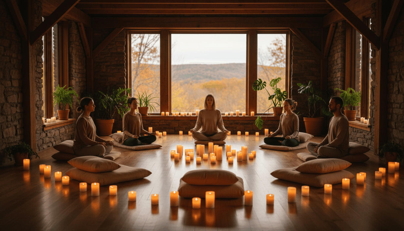 Serene meditation circle with candlelight and natural window light in a peaceful wellness studio