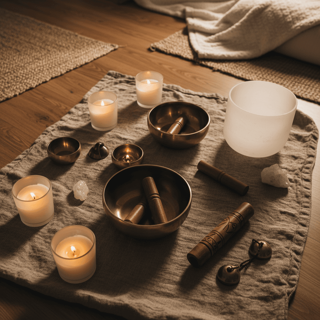 Sound healing bowls arranged with warm candlelight