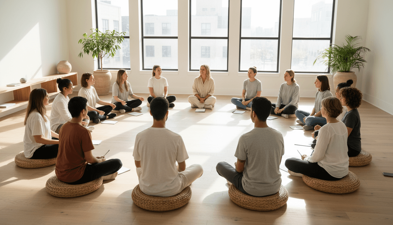 Diverse group of participants in a wellness workshop sitting together in a bright, natural-lit studio space