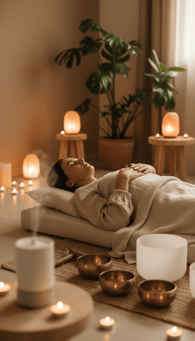 Person relaxing during sound bath with essential oil diffuser and singing bowls in warm ambient lighting