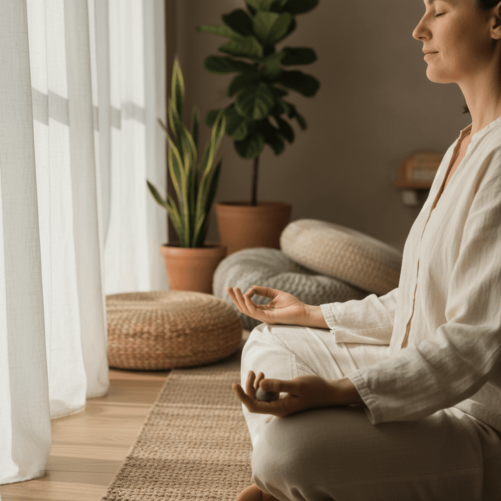 A woman sitting cross-legged on a sunlit wooden floor beside a linen yoga mat, eyes closed in a calm morning stretch, steam rising from a ceramic mug of herbal tea, potted olive tree and linen curtains, warm natural light, quiet wellness photography