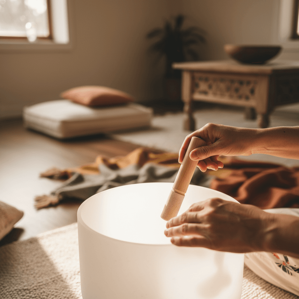 Practitioner's hands striking crystal singing bowl during healing sound bath session with warm natural light