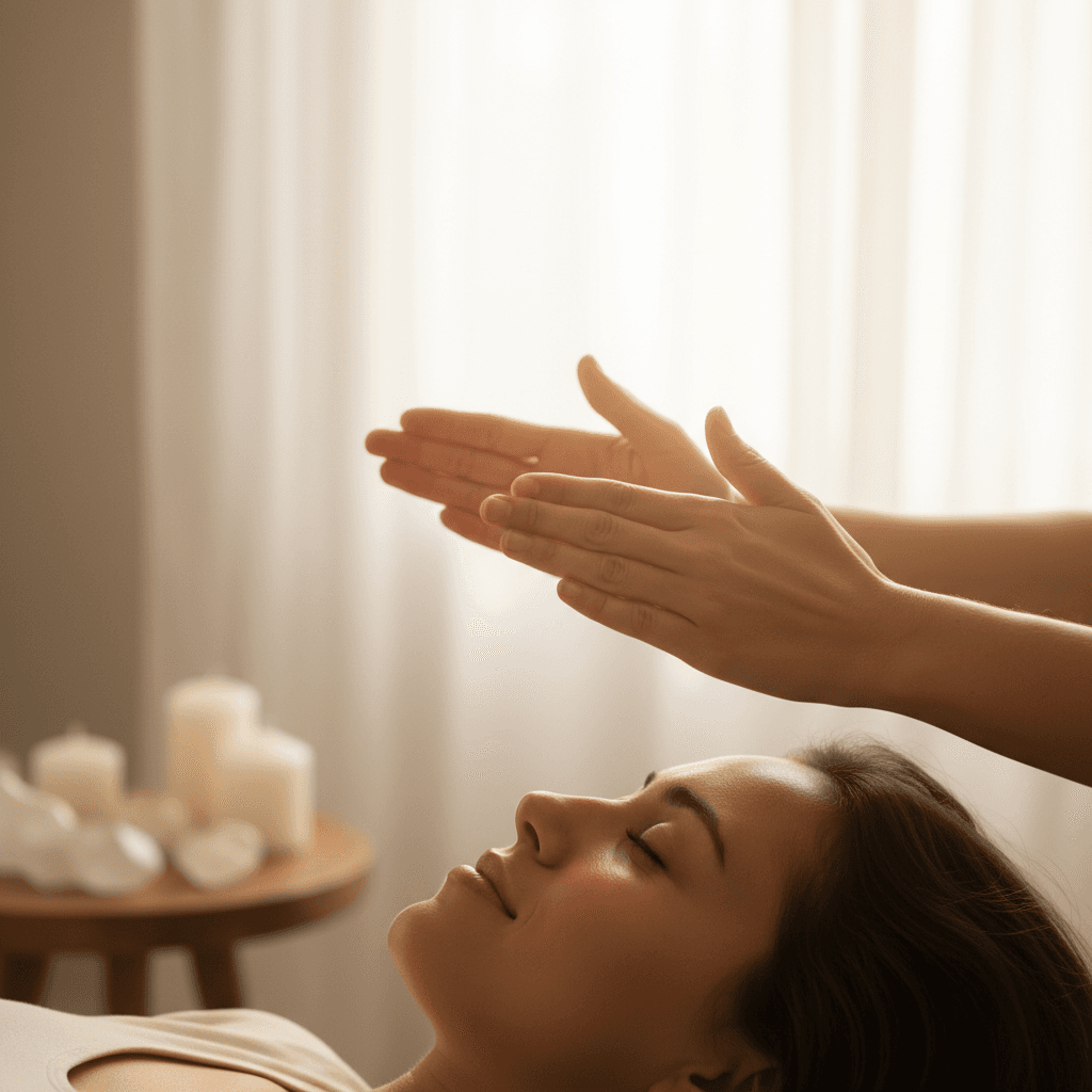 Practitioner's hands positioned above peaceful client's forehead during energy healing session in serene, softly-lit space