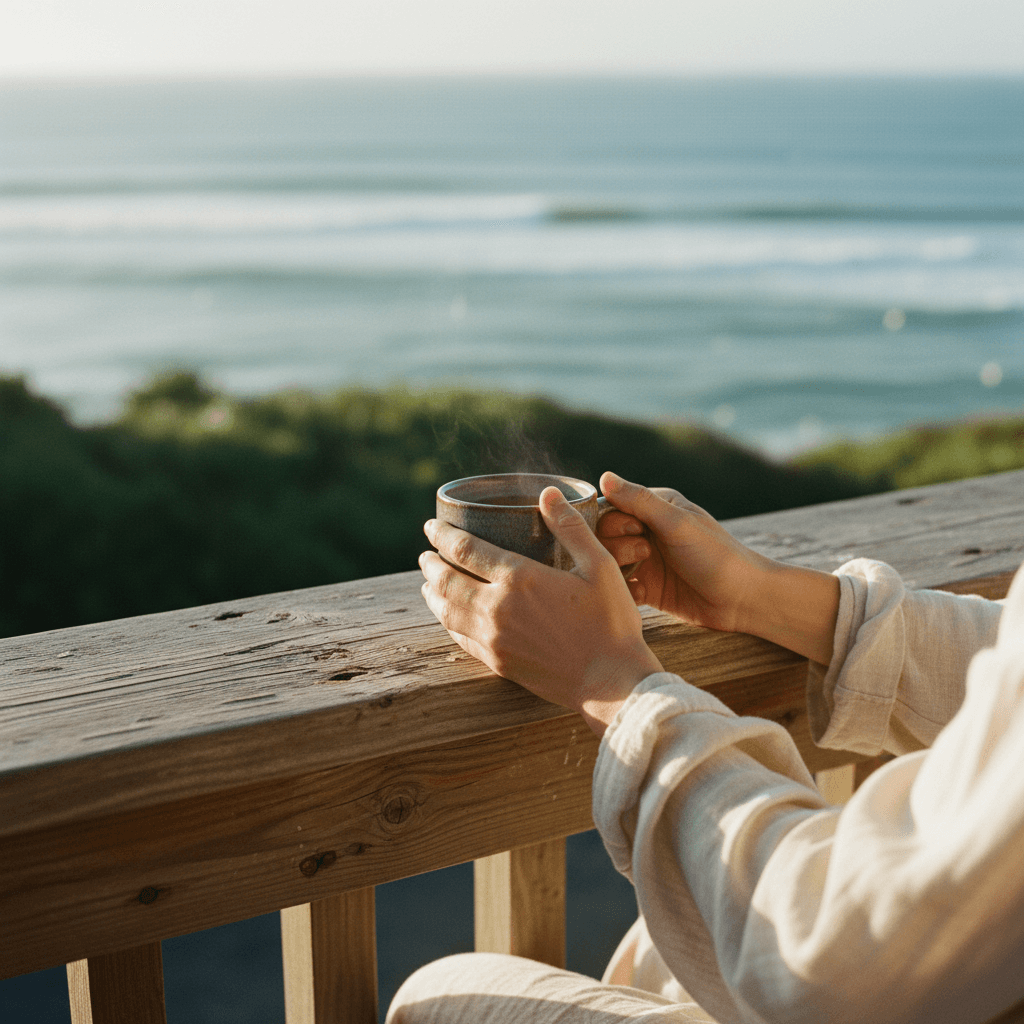Guest holding warm mug on wooden ocean-view deck, soft natural light capturing peaceful coastal retreat moment