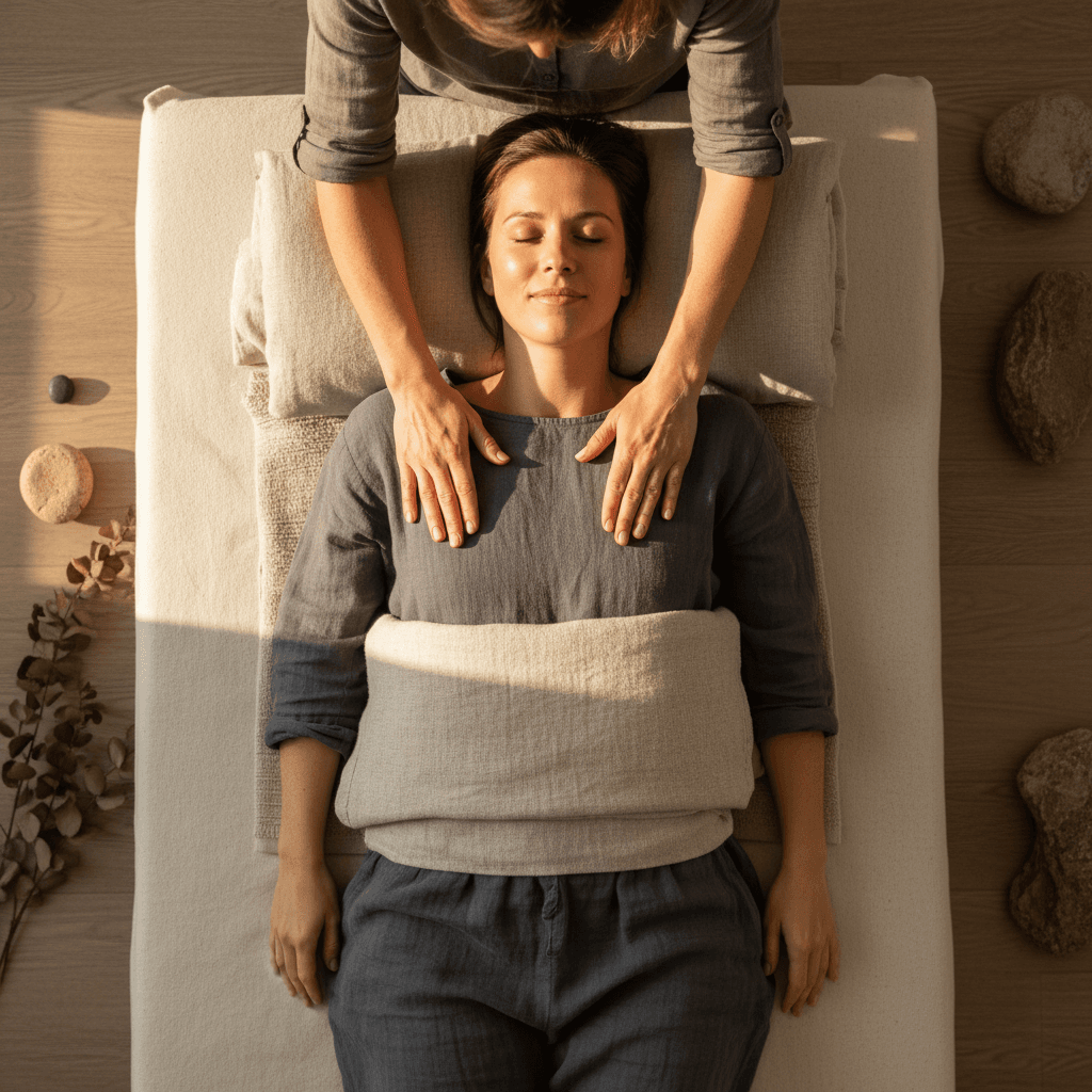 Client in supported resting position receiving gentle grounding touch from practitioner during guided relaxation