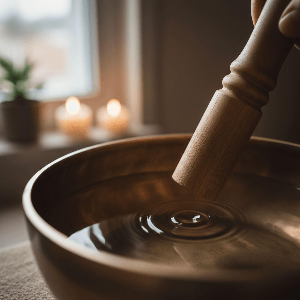 Singing bowl being struck with wooden mallet, creating ripples across metal surface in soft candlelit therapy room