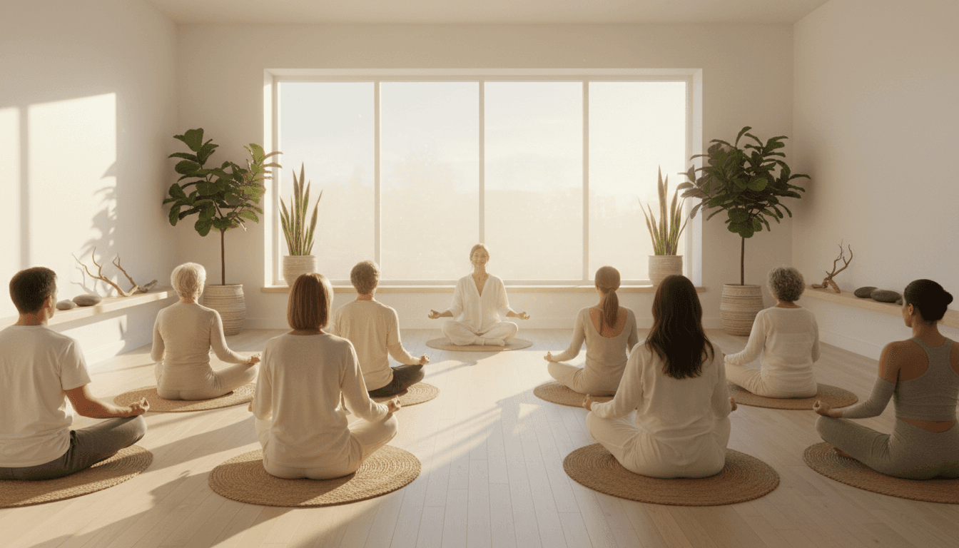 Group meditation session in bright yoga studio with practitioners on mats and instructor leading the class