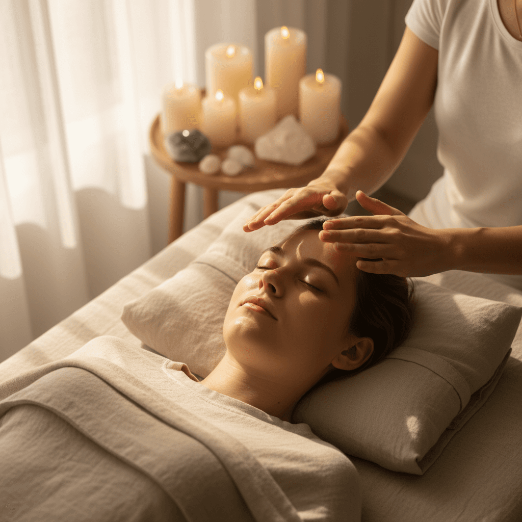 Reiki practitioner's hands positioned above client's face during healing session with soft candlelight and crystals