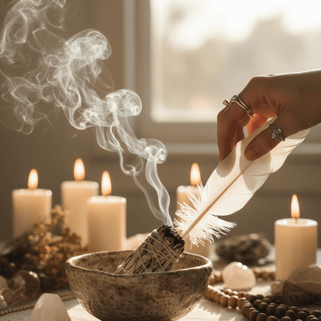 House clearing ritual with sage and palo santo