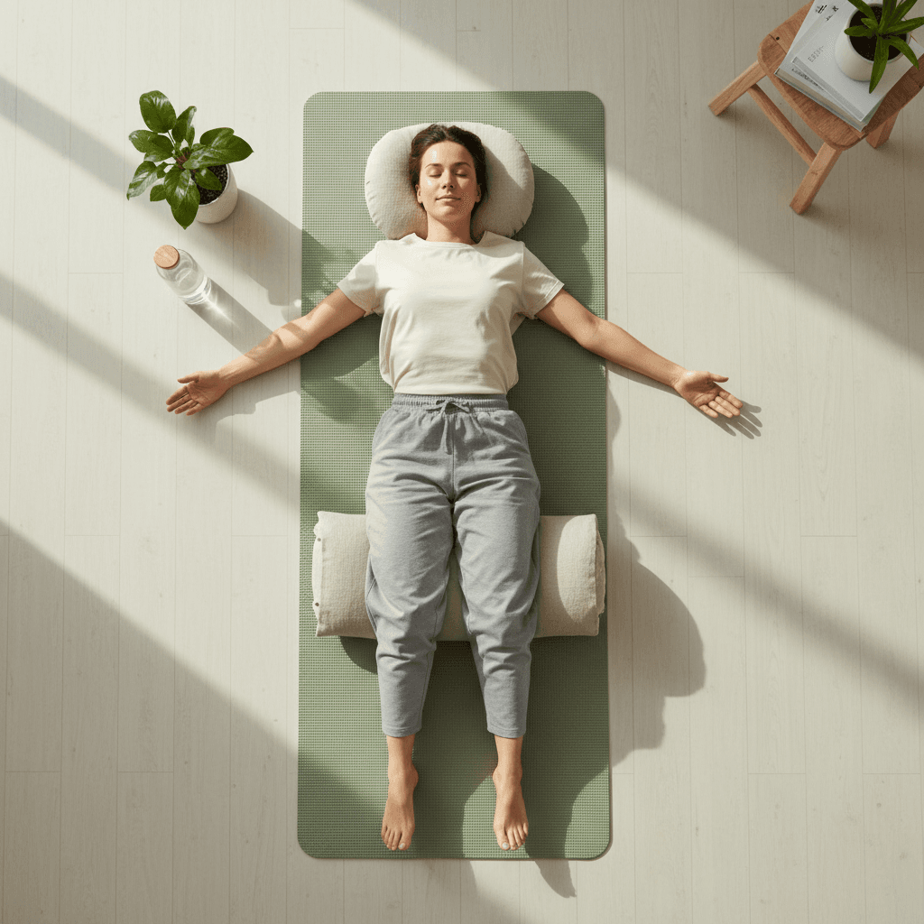 Person performing gentle supine stretch on yoga mat in calm, well-lit home with supportive props