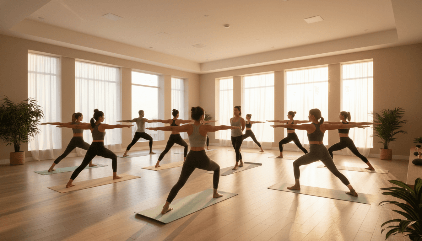 Mixed-age group yoga class in sunlit studio practicing warrior pose together on individual mats